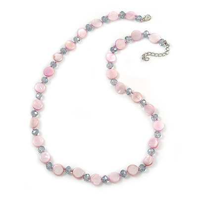Pastel Lavender Coin Shell and Crystal Glass Bead Necklace with Silver Tone Closure - 56cm L/ 5cm Ext