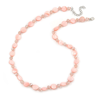 Pastel Pink Coin Shell and Crystal Glass Bead Necklace with Silver Tone Closure - 56cm L/ 5cm Ext - main view