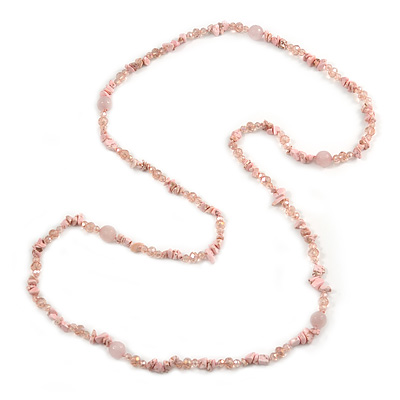Long Pastel Pink Semiprecious Stone Nugget, Agate and Glass Crystal Bead Necklace - 120cm L