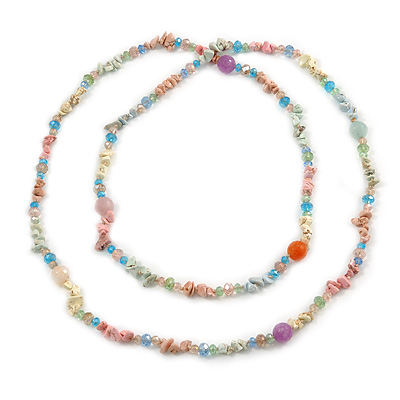 Long Pastel Multicoloured Semiprecious Stone Nugget, Agate and Glass Crystal Bead Necklace - 120cm L - main view