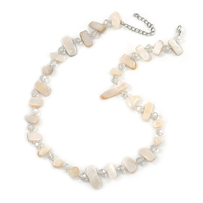 Delicate Off White Sea Shell Nuggets and Transparent Glass Bead Necklace - 48cm L/ 7cm Ext - main view