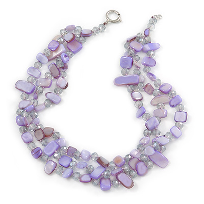 3 Row Pastel Purple Shell And Transparent Glass Bead Necklace - 43cm L - main view