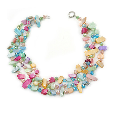 3 Row Pastel Multicoloured Shell And Glass Bead Necklace - 45cm L