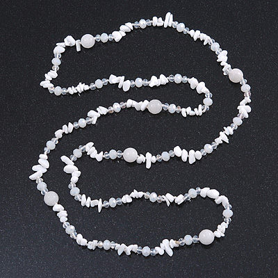 Long White/ Transparent Semiprecious Stone Nugget, Agate and Glass Crystal Bead Necklace - 116cm L - main view