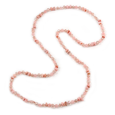 Long Pastel Pink Semiprecious Stone, Agate and Glass Bead Necklace - 120cm L
