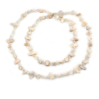 Long Off White Shell/ Transparent Glass Crystal Bead Necklace - 110cm L - main view