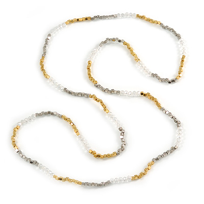 Long Glass/ Acrylic Single Strand Necklace (Transparent, Silver, Gold Tone) - 112cm L - main view
