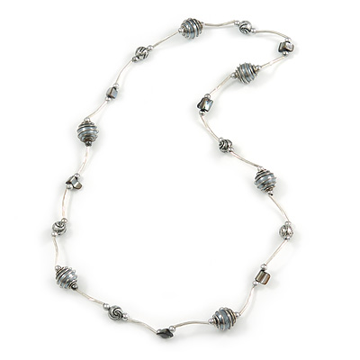 Grey Shell and Glass Bead with Wire Detailing Necklace In Silver Tone Metal - 70cm L - main view