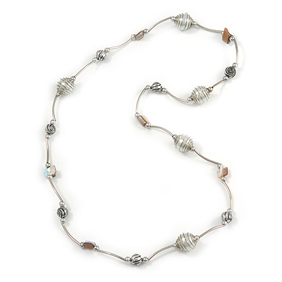 White Shell and Glass Bead with Wire Detailing Necklace In Silver Tone Metal - 70cm L - main view
