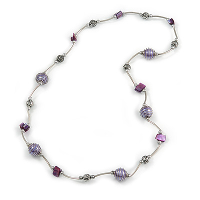 Purple Shell and Glass Bead with Wire Detailing Necklace In Silver Tone Metal - 70cm L - main view