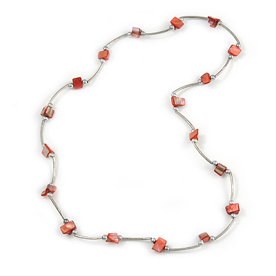 Burnt Orange Shell Nugget Necklace In Silver Tone Metal - 66cm L - main view