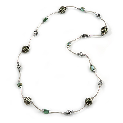 Green Shell and Glass Bead with Wire Detailing Necklace In Silver Tone Metal - 70cm L - main view