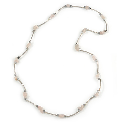 Pale Pink Semiprecious Stone Necklace In Silver Tone Metal - 66cm L - main view