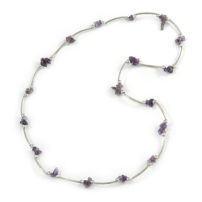 Purple Semiprecious Stone Necklace In Silver Tone Metal - 66cm L - main view
