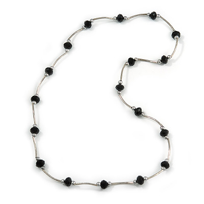 Jet Black Glass Bead Necklace In Silver Tone Metal - 66cm L