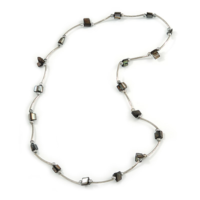 Black Shell Nugget Necklace In Silver Tone Metal - 66cm L - main view