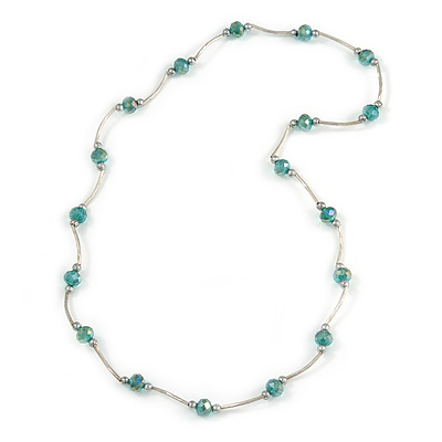 Green Glass Bead Necklace In Silver Tone Metal - 66cm L