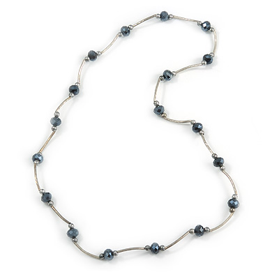 Black Glass Bead Necklace In Silver Tone Metal - 66cm L