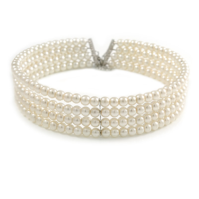 4 Row Light Cream Faux Glass Pearl Rigid Choker Necklace with Silver Tone Closure - 38cm L/ 5cm Ext - main view