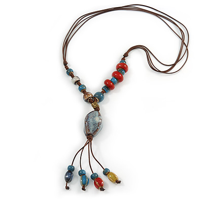 Handmade Blue, Red Ceramic Bead Tassel Brown Silk Cord Necklace - 46cm to 66cm Long (Adjustable) - main view