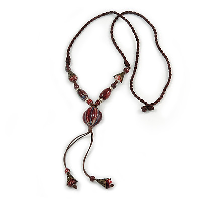 Long Brown Ceramic Bead Tassel Necklace with Silk Cotton Cord - 80cm L/ 10cm Tassel - main view