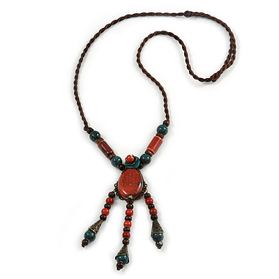 Vintage Inspired Coral/ Teal Ceramic Bead Tassel Brown Silk Cord Necklace - 58cm Long - main view