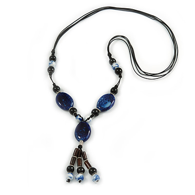Long Blue, Black Ceramic Bead Tassel Black Silk Cord Necklace - 66cm to 80cm Long (Adjustable)