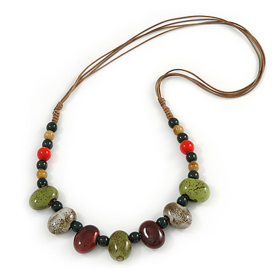 Multi Ceramic Bead Brown Cord Necklace (Dusty Green, Red, Dusty White) - 60cm to 80cm (Adjustable) - main view