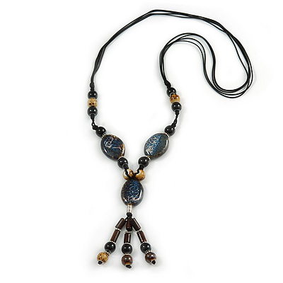 Long Blue, Black, Natural Brown Ceramic Bead Tassel Black Silk Cord Necklace - 66cm to 80cm Long (Adjustable) - main view