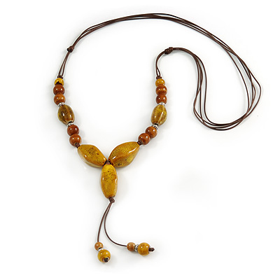 Long Dusty Yellow/ Brown Ceramic Bead Tassel Cord Necklace - 60cm to 80cm Long (Adjustable) - main view