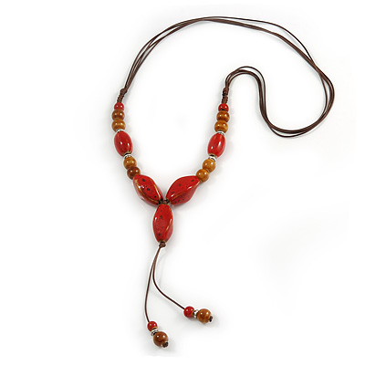Long Red/ Brown Ceramic Bead Tassel Cord Necklace - 60cm to 80cm Long (Adjustable)