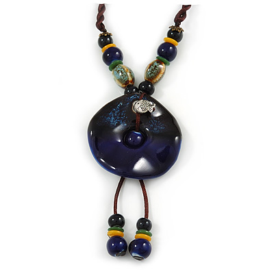 Handmade Blue Ceramic Bead Tassel Brown Silk Cord Necklace - 80cm Long/ 9cm Tassel - main view
