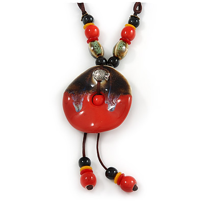 Handmade Red, Brown, Black Ceramic Bead Tassel Brown Silk Cord Necklace - 80cm Long/ 9cm Tassel - main view