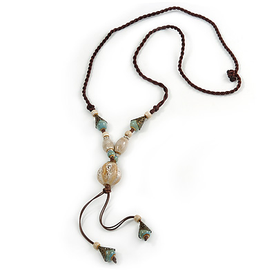Long Beige/ Light Blue Ceramic Bead Tassel Necklace with Brown Cotton Cord - 80cm L/ 10cm Tassel - main view