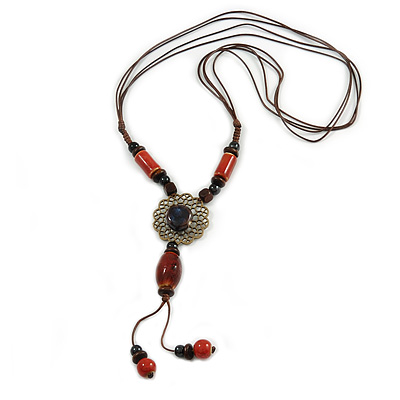 Orange/ Brown Ceramic Bead Tassel Necklace with Brown Cotton Cords - 60cm L - 80cm L (adjustable)/ 13cm Tassel - main view