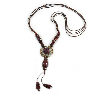 Brown Red Ceramic Bead Tassel Necklace with Brown Cotton Cords - 60cm L - 80cm L (adjustable)/ 13cm Tassel - main view