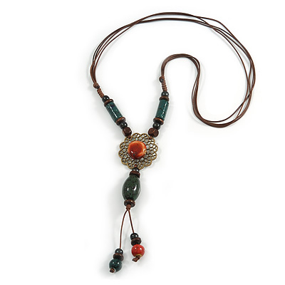 Brown/ Green Ceramic Bead Tassel Necklace with Brown Cotton Cords - 60cm L - 80cm L (adjustable)/ 13cm Tassel