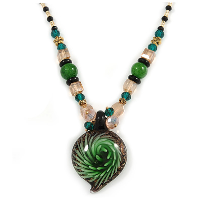 Romantic Floral Glass Pendant with Beaded Chain Necklace (Green/ Black/ Champagne) - 44cm L