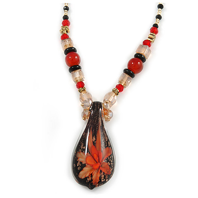 Romantic Floral Glass Pendant with Beaded Chain Necklace (Carrot Red/ Black/ Champagne) - 44cm L