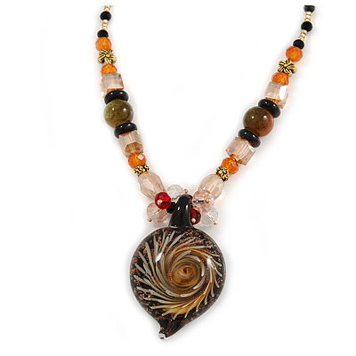 Romantic Floral Glass Pendant with Beaded Chain Necklace (Olive Green/ Black/ Orange) - 44cm L - main view