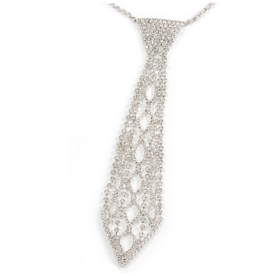 Star Quality Clear Austrian Crystal Tie Necklace In Silver Tone Metal - 30cm L/ 15cm Ext /17cm Tie - main view