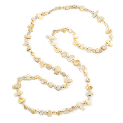 Long Pale Yellow Shell/ Transparent Glass Crystal Bead Necklace - 115cm L - main view