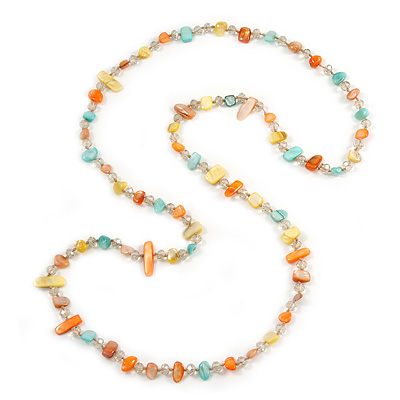 Long Orange/ Yellow/ Mint Shell/ Transparent Glass Crystal Bead Necklace - 120cm L