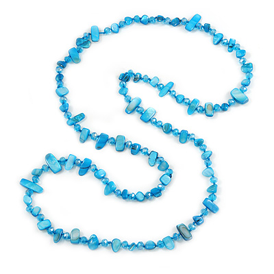 Long Azure Blue Shell/ Sky Blue Glass Crystal Bead Necklace - 115cm L