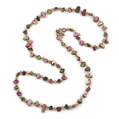 Long Olive/ Plum Shell/ Transparent Glass Crystal Bead Necklace - 110cm L - main view