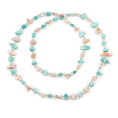 Long Pastel Pink/ Mint Shell/ Transparent Glass Crystal Bead Necklace - 110cm L - main view