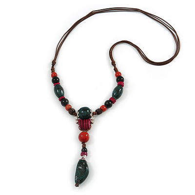 Green/ Black/ Red Ceramic, Brown Wood Bead with Silk Cords Necklace - 56cm to 80cm Long/ Adjustable - main view