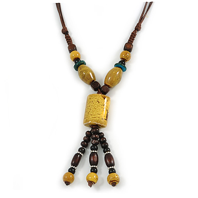 Dusty Yellow Ceramic, Brown Wood Bead with Silk Cords Necklace - 56cm to 80cm Long/ Adjustable