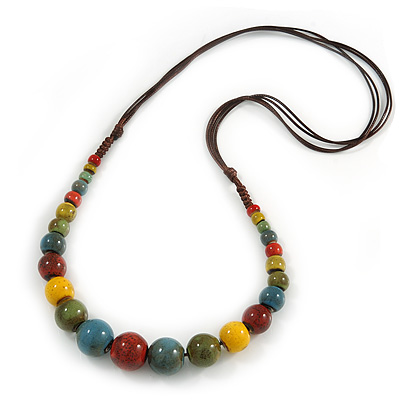 Multicoloured Ceramic Bead Brown Silk Cords Necklace - Adjustable - 60cm to 70cm Long - main view