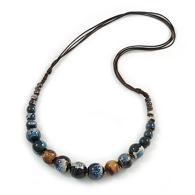 Blue/ White/ Brown Ceramic Bead Brown Silk Cords Necklace - Adjustable - 60cm to 70cm Long - main view